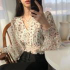 Puff-sleeve Floral Print Blouse White - One Size