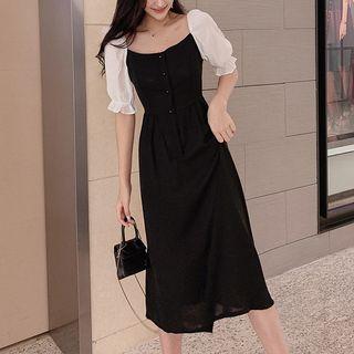 Puff-sleeve Contrast Trim Midi Dress