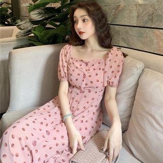 Dotted Short-sleeve Buttoned Midi A-line Dress Dotted - Pink - One Size