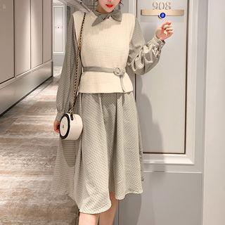 Set: Knit Vest + Dotted Long-sleeve Midi A-line Dress