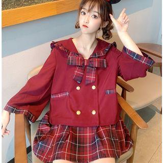 Plaid-panel Double-breasted Top / Mini Skirt