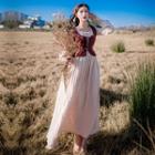Long-sleeve Maxi A-line Dress / Vest / Headscarf / Set