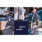 Detachable Sleeve Check Swimdress With Bottom Check - L