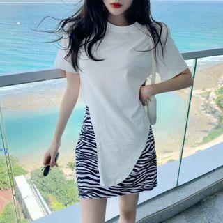 Irregular Hem Short-sleeve T-shirt / Zebra Print Mini A-line Skirt
