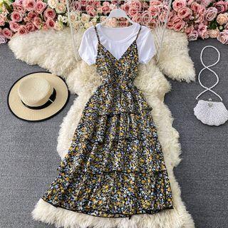 Set: V-neck Short Sleeve Tee + Floral Print Tiered Slipdress