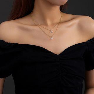 Rhinestone Layered Necklace 1 Pc - Nz1142 - Rhinestone Layered Necklace - Gold - One Size