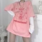 Long-sleeve Mock Two-piece Bear Print T-shirt White Sleeve - Pink - One Size