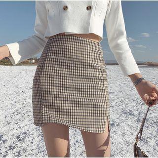Plaid Slit High-waist A-line Skirt