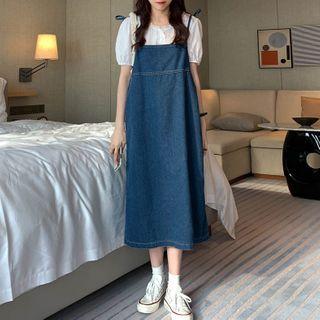 Denim Strappy Midi A-line Dress Dark Blue - One Size