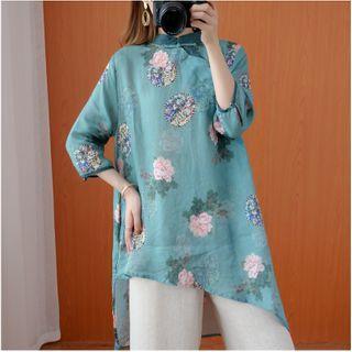 Floral Mandarin Collar Frog-button Blouse