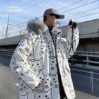 Faux Fur Trim Cat Print Hooded Zip Jacket