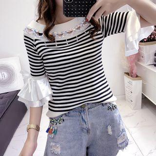 Sequined Striped Elbow Sleeve Knit Top