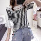 Sequined Striped Elbow Sleeve Knit Top