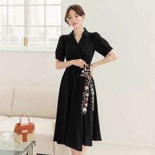 Collared Flared Midi Wrap Dress With Floral Belt