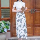 Set: Short-sleeve Frog-button Cropped Blouse + Floral Midi A-line Skirt