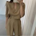 Set: Elbow-sleeve V-neck Shirt + Dress Pants