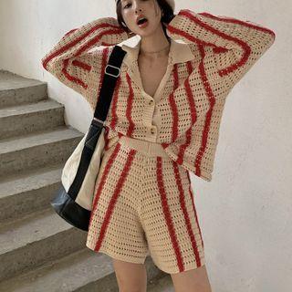 Striped Polo-neck Pointelle Knit Top / Shorts / Undershorts