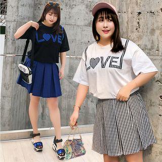 Set: Letter Embroidered Short-sleeve T-shirt + Plaid Pleated Skirt