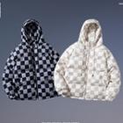 Lettering Checkered Hooded Padded Zip Jacket