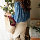 Balloon-sleeve Floral Embroidered Blouse Blue - One Size