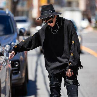 Turtle Neck Star Embroidered Ripped Sweater