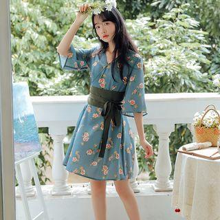 Floral Elbow-sleeve V-neck Dress
