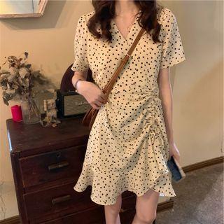 Elbow-sleeve Ruffled Mini A-line Dress Almond - One Size