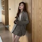 Plaid Button Blazer / Mini Plaid A-line Skirt / Long-sleeve Top