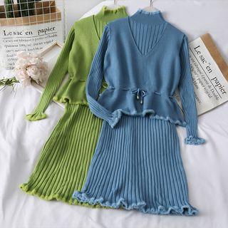 Set: Mock-neck Knit Mini Dress + Drawstring Knit Vest