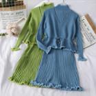 Set: Mock-neck Knit Mini Dress + Drawstring Knit Vest