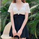 Lace Panel Short-sleeve V-neck Swim Dress