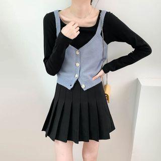 Square-neck Plain Cropped Top / Plain Button-up Cropped Vest