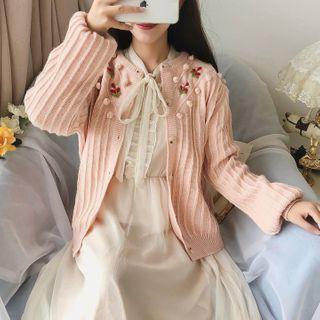 Floral Embroidered Pom Pom Knit Cardigan