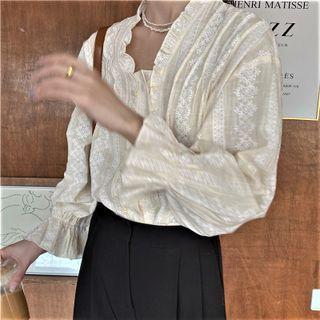 Bell-sleeve Ruffled Blouse Beige - One Size