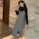 Houndstooth Buttoned Pinafore Dress / Long-sleeve T-shirt
