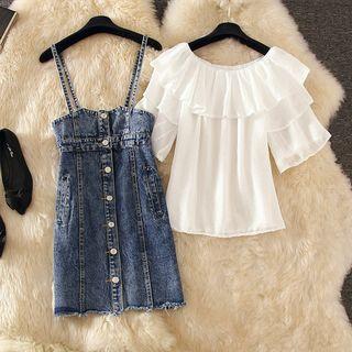 Elbow-sleeve Top / Suspender Denim Dress / Set