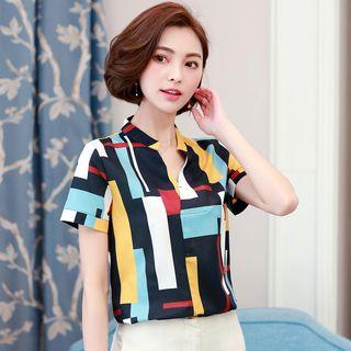 V-neck Color Block Short-sleeve Blouse