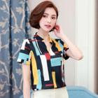 V-neck Color Block Short-sleeve Blouse