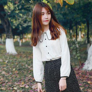 Long-sleeve Chiffon Blouse Off-white - One Size