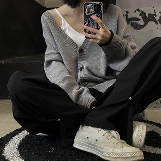 Long Sleeve V-neck Contrast Trim Plain Knit Cardigan