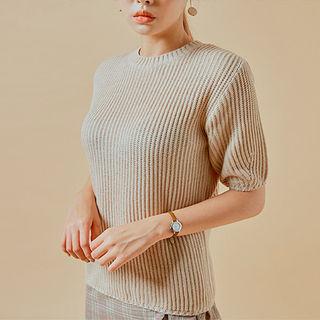 Crewneck Short-sleeve Rib-knit Top