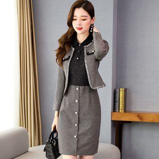 Set: Plaid Open-front Jacket + Long-sleeve Mini Sheath Dress