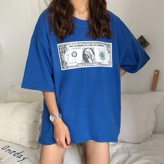 Cash Print Elbow Sleeve T-shirt