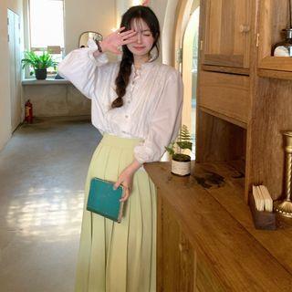Puff-sleeve Lace Trim Shirt / Midi Accordion Pleat Skirt