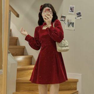 Long-sleeve Glitter Velvet Mini A-line Dress