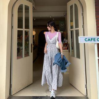 Lace-trim Floral Tiered Midi Spashetti Strap Dress