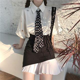 Printed Elbow Sleeve Shirt With Tie/ Pleated Panel Flared Skirt