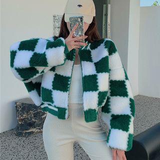 Checkerboard Fluffy Zip Cropped Jacket
