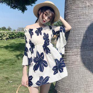 Off Shoulder Bell 3/4 Sleeve Floral Dress