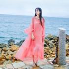 Bell-sleeve Sheer Maxi Chiffon Dress